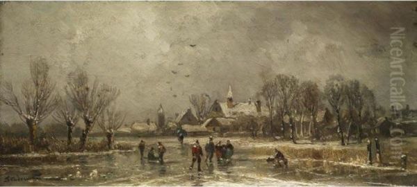 Winterlandschaft Mit Schlittschuhlaufern Oil Painting by Adolf Stademann