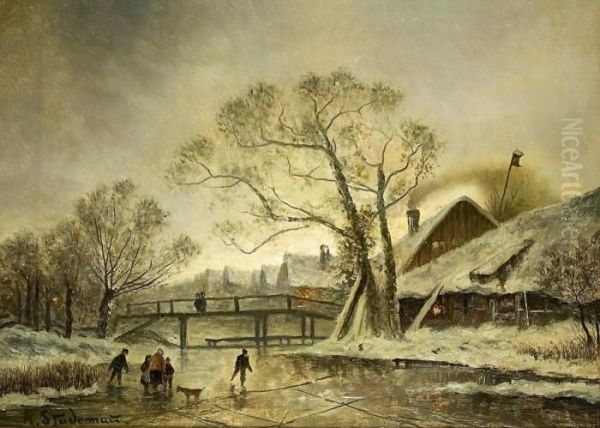 Winterlandschaft Mit Eisvergnugen Auf Einem Zugefrorenem Fluss Oil Painting by Adolf Stademann