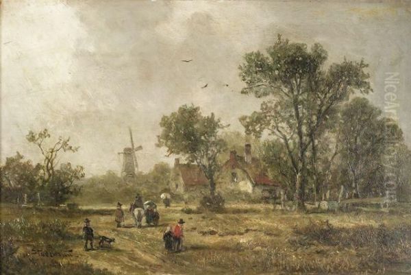 Reisende Und Bauern In Sommerlicher Landschaft An Einem Bauernhof Mit Windmuhle Oil Painting by Adolf Stademann