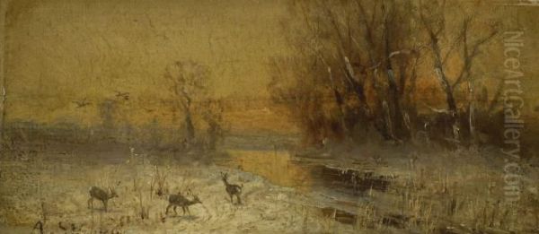 Rehe In Winterlandschaft Oil Painting by Adolf Stademann