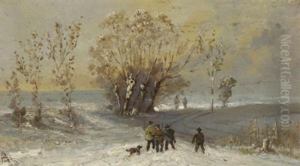 Winterlandschaft Mit Jagern Oil Painting by Adolf Stademann