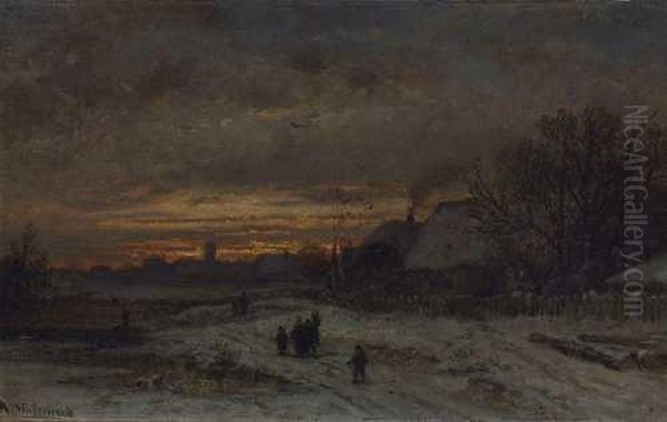 Winterliche Dorflandschaft Im Abendlicht. Oil Painting by Adolf Stademann