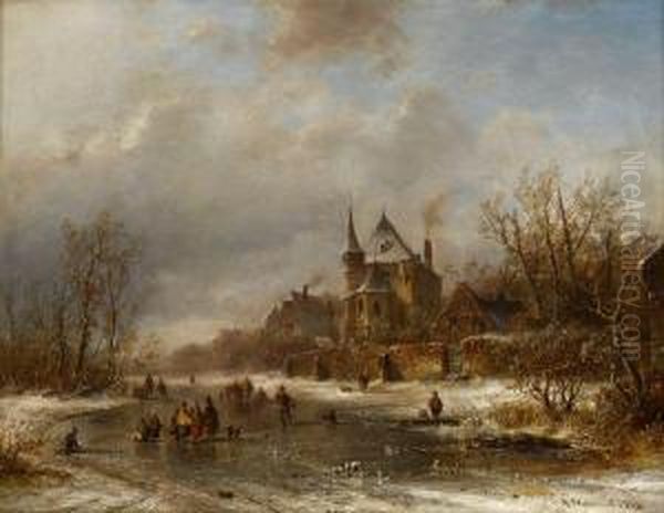 Skaters On A Frozen River Oil Painting by Adolf Stademann