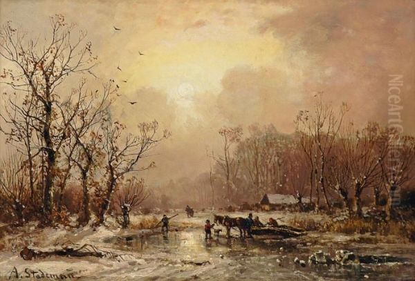 Winterliche Flusslandschaft Oil Painting by Adolf Stademann