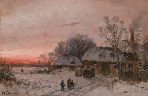 Winter Landscape At Sunset Oil Painting by Adolf Stademann