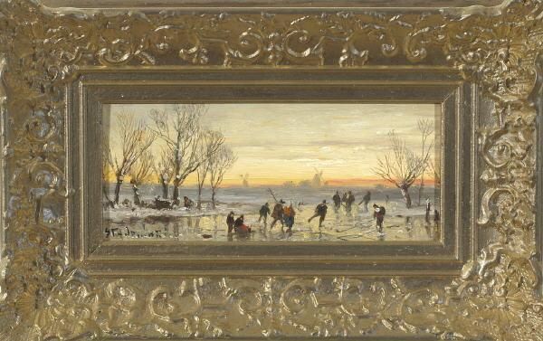 Eisvergnugen In Abendlicher Winterlandschaft Oil Painting by Adolf Stademann