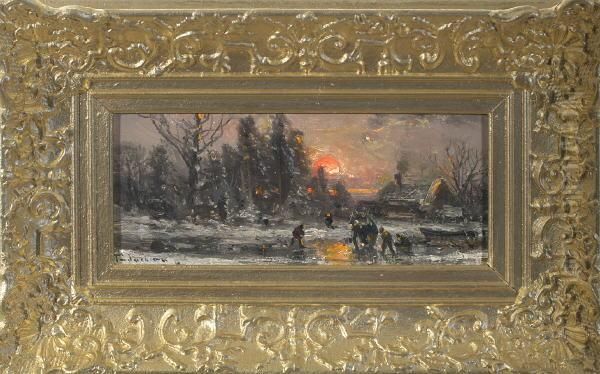 Eisvergnugen Vor Glutroter Sonne In Bewaldeter, Abendlicher Winterlandschaft Oil Painting by Adolf Stademann