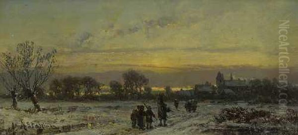 Winterliche Dorflandschaft Im Abendlicht. Oil Painting by Adolf Stademann