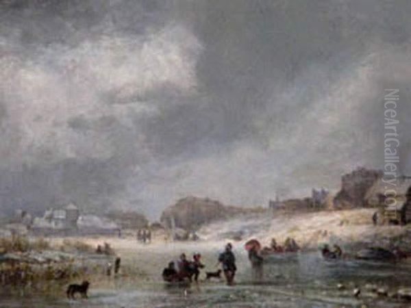 Ice Skaters On A Frozen Riverin Winter. Oil Painting by Adolf Stademann