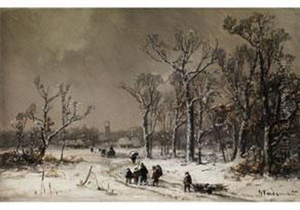 Winterlandschaft Mit Heimziehenden Personen Auf Einemverschneiten Weg Oil Painting by Adolf Stademann