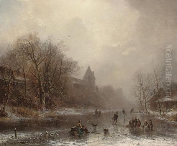 Skaters In A Winter Landscape Oil Painting by Adolf Stademann