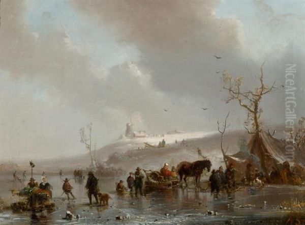 Winter Landscape With River And Figures. Oil Painting by Adolf Stademann