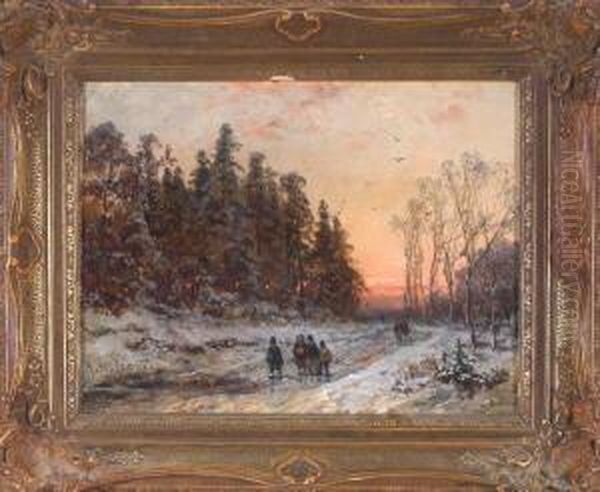 Wanderer In Bewaldeter Winterlandschaft Im Abendlicht Oil Painting by Adolf Stademann