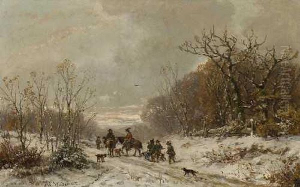 Jager In Winterlandschaft. Oil Painting by Adolf Stademann