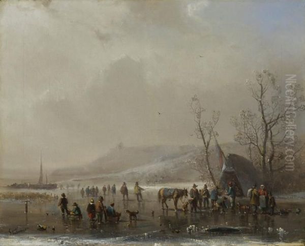 Eisvergnugen In Winterlicher Hollandischer Landschaft. Oil Painting by Adolf Stademann