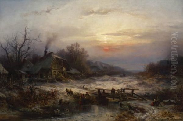 Winterliche Dorflandschaft. Oil Painting by Adolf Stademann