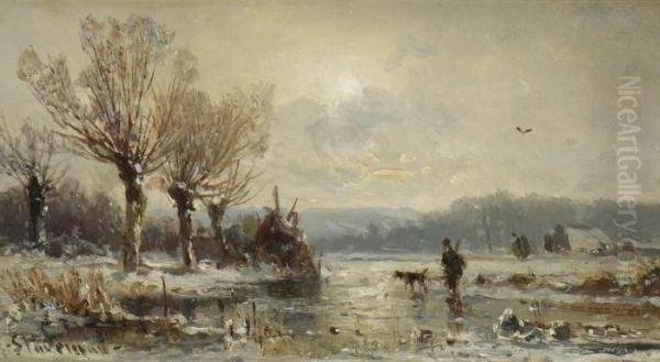 Jager Mit Hund In Winterlandschaft. Oil Painting by Adolf Stademann