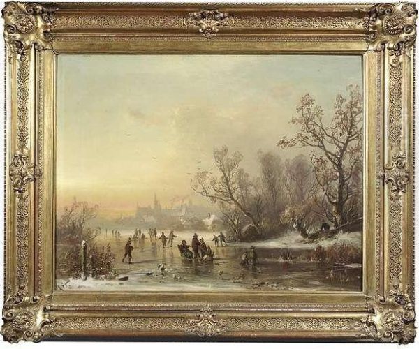 Wintry Landscape At Sunset Light With Skaters On A Frozen Lake Oil Painting by Adolf Stademann