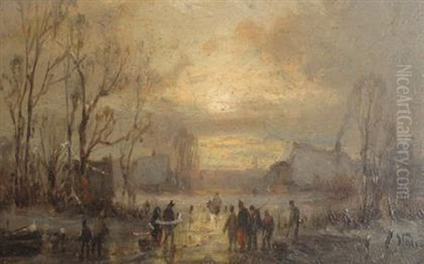 Winter Landscape With Figures Oil Painting by Adolf Stademann