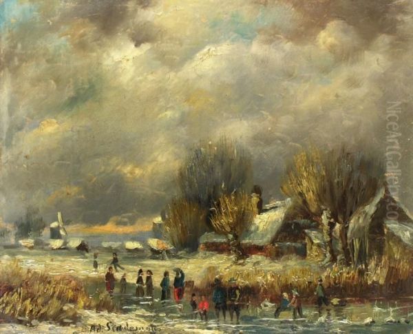 Winterlandschaft Mit Schlittschuhlaufern Oil Painting by Adolf Stademann