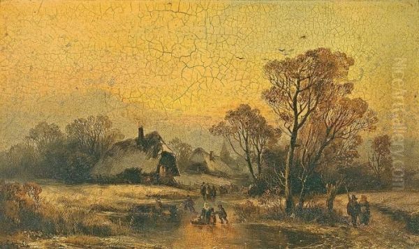 Eisvergnugen In Abendlicher Winterlandschaft Mit Malerischen Hausern Oil Painting by Adolf Stademann