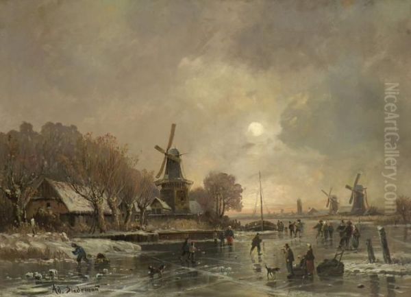 Eisvergnugen In Hollandischer
 Flusslandschaft. Oil Painting by Adolf Stademann