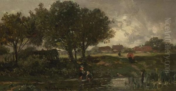 Kinder Am Bachlauf Oil Painting by Adolf Stademann