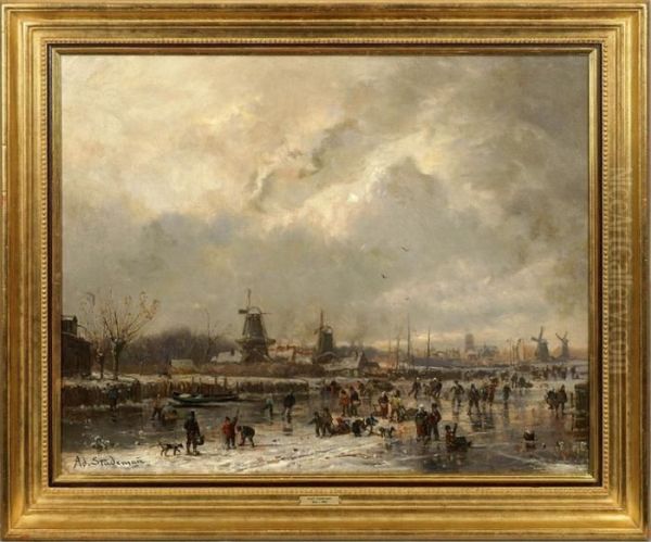 Abendliche Winterfreuden An Einer Hollandischen Stadt Oil Painting by Adolf Stademann