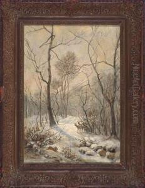 Hase Und Zwei Rehe Im Winterwald Oil Painting by Adolf Stademann