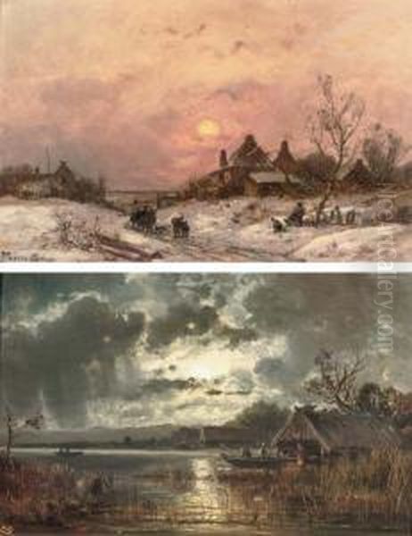 Sunset In Winter; And Fishing By Moonlight Oil Painting by Adolf Stademann