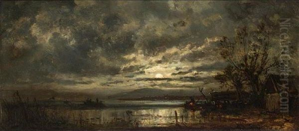 Fishermen On A Moonlit Lake Oil Painting by Adolf Stademann