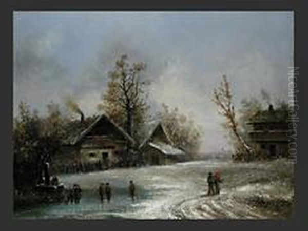 Kinder Bei Eislaufen Oil Painting by Adolf Stademann