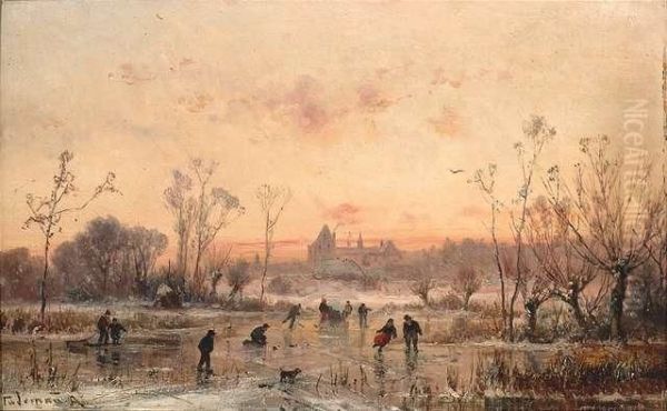 Stademann, Adolf. Sunset At A Frozen Lake With Skaters Oil Painting by Adolf Stademann