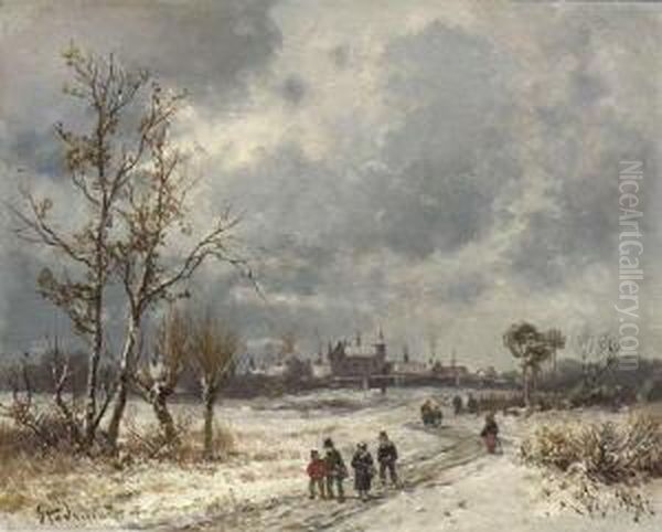 Winterspaziergang Vor Der
 Stadt. Oil Painting by Adolf Stademann