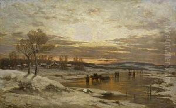 Winterlandschaft In Der
 Abenddammerung. Oil Painting by Adolf Stademann