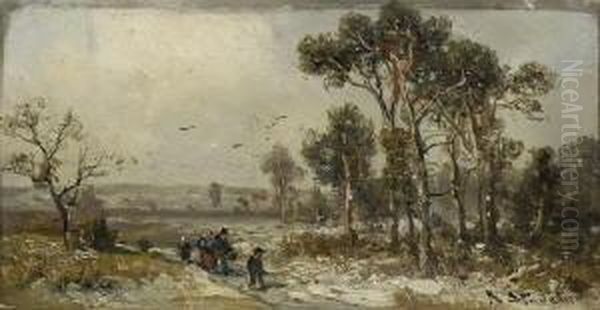 Wanderer In
 Winterlandschaft. Oil Painting by Adolf Stademann