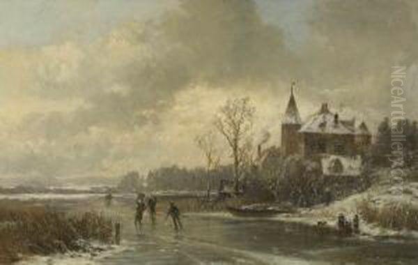 Winterliche Flusslandschaft Mit
 Eislaufern. Oil Painting by Adolf Stademann