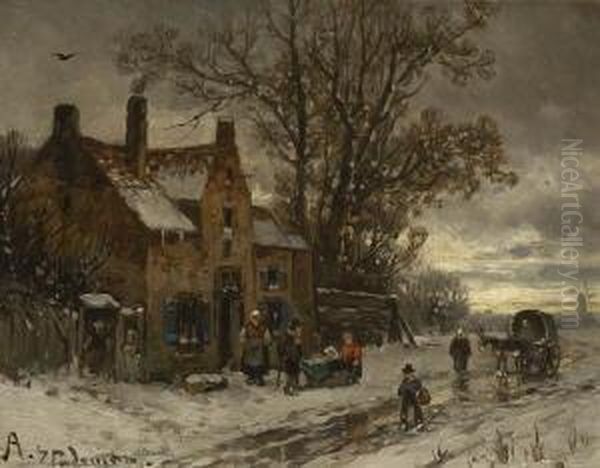 Winterliche
 Dorflandschaft. Oil Painting by Adolf Stademann