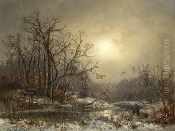 Winterliche
 Bachlandschaft. Oil Painting by Adolf Stademann