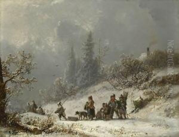 Menschengruppe Mit Schlitten Im
 Schnee. Oil Painting by Adolf Stademann