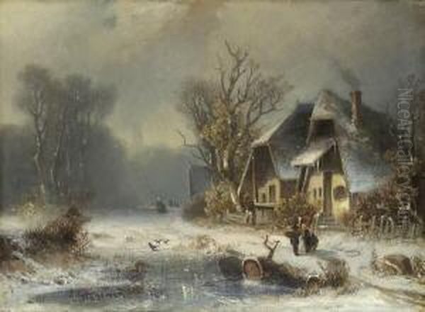 Winterliche
 Dorflandschaft. Oil Painting by Adolf Stademann