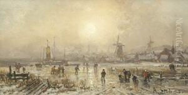 Eisvergnugen In Hollandischer
 Winterlandschaft. Oil Painting by Adolf Stademann