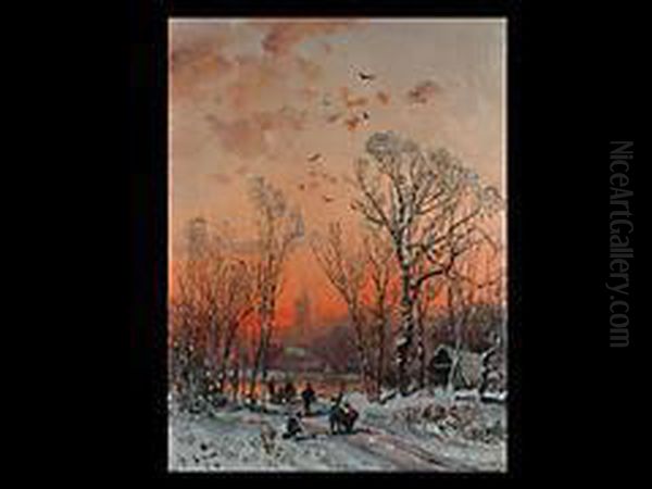 Winterlandschaft Mit Stadt Bei Sonnenuntergang Oil Painting by Adolf Stademann