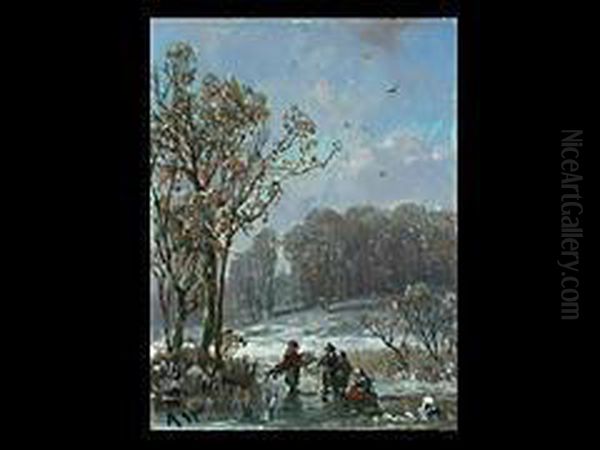 Die Reisig Sammelnden Kinder In Winterlandschaft Oil Painting by Adolf Stademann