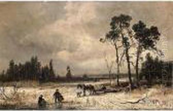 A Winterlandscape With Travellers On The Ice Oil Painting by Adolf Stademann