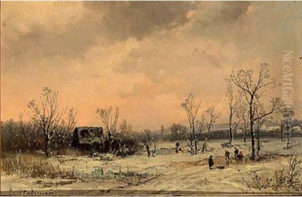 Figures In A Winter Landscape Oil Painting by Adolf Stademann