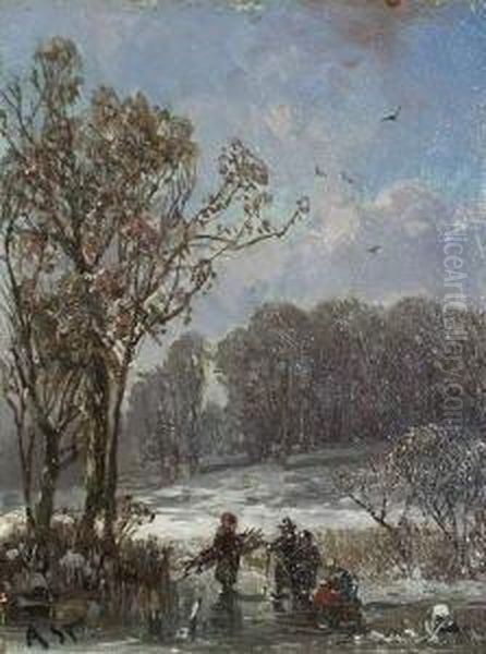 Reisigsammler Im
 Winterlandschaft. Oil Painting by Adolf Stademann