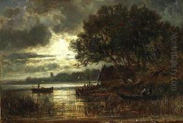 Fischerboote Am Nachtlichen
 Seeufer. Oil Painting by Adolf Stademann