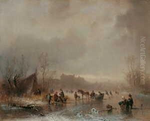 Winterliches Treiben Auf Dem 
Eis. Signiert Unten Links: Stademann. Ol Auf Leinwand. H 39; B 49 Cm. Oil Painting by Adolf Stademann