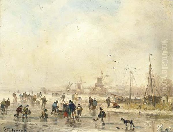 Skaters On The Ice, Holland Oil Painting by Adolf Stademann